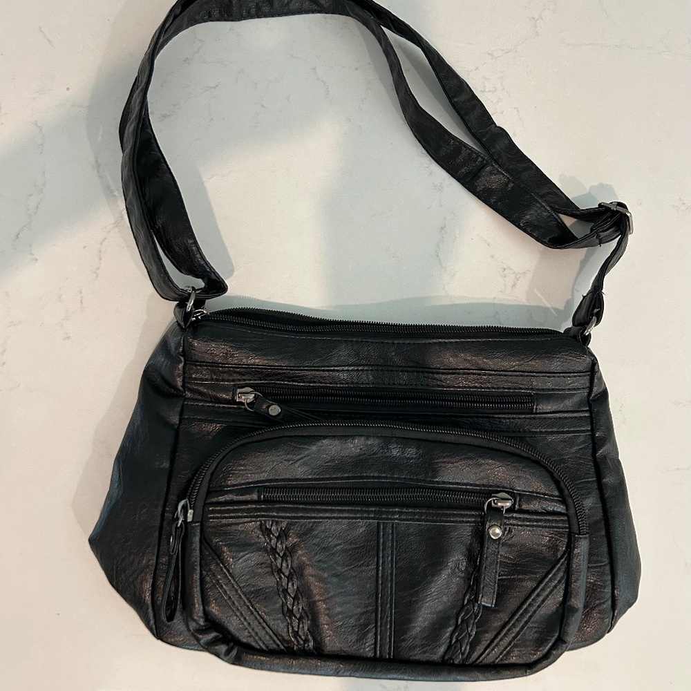 Black Leather Shoulder Bag with Adjustable Strap